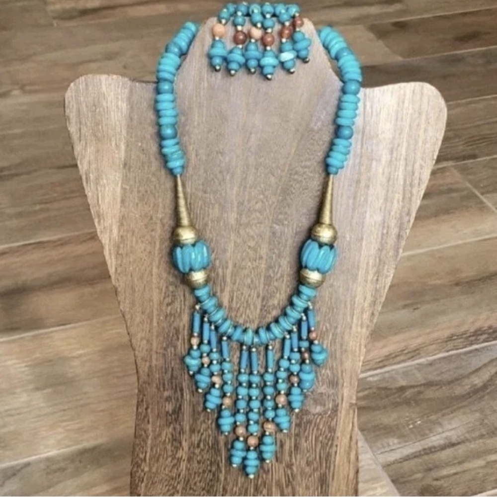 Vintage Turquoise Stone Beaded Cleopatra Statement Necklace & Earrings Set - Picture 2 of 12
